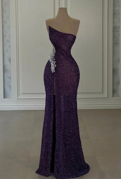 Women's Formal Event Outfit Purple Gorgeous Shiny Elegant Spaghetti Strap Beading Sexy Slit Long Mermaid Slim Sequin Ball Gown Evening Dress gh3360