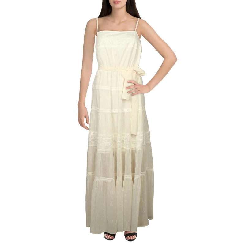 Elegant Women's Clothing Online BCBG Max Azria Women’s Metallic Lace Trim Sleeveless Belted Maxi Gown