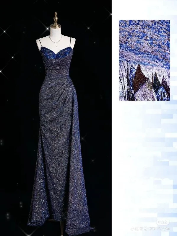 Women's Casual Wear Outfit Blue Shiny Elegant Spaghetti Straps Exquisite Beading Sexy Slit Long Mermaid Slim Sequin Ball Gown Evening Dress gh3359