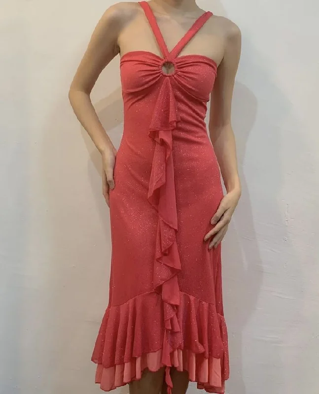 Women's Trendy Attire Coral orange fashion sling ruffle long chiffon elegant ball gown evening dress party dress gh3240