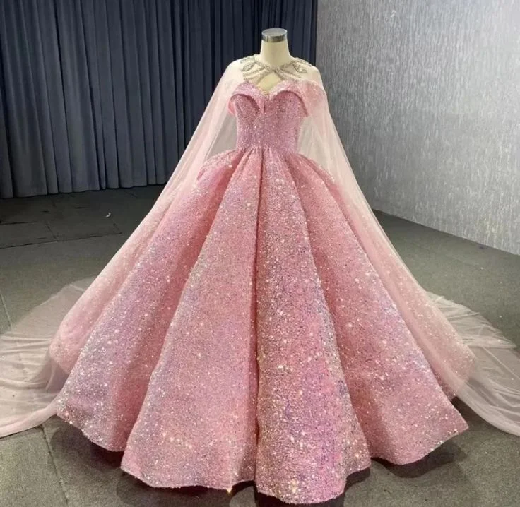 Women's Activewear Garments Pink Gorgeous Shiny Tulle Rhinestone Cape Cape Long Sequined Ball Gown Evening Dress Coming of Age Dress gh3162