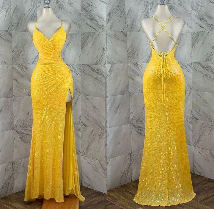 Women's Floral Print Outfit Yellow shiny fashion long sequin sexy slit prom dress evening gown party dress gh3290