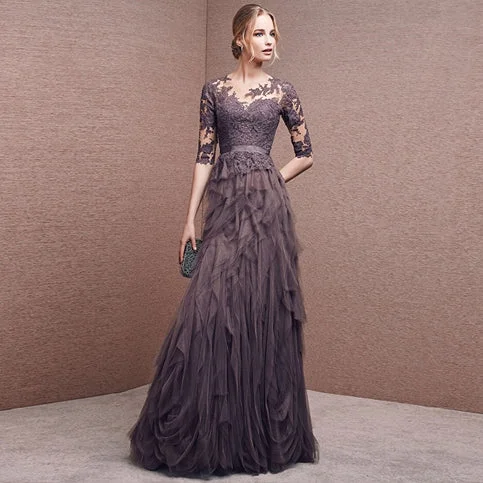 Stylish Everyday Clothing Gray purple elegant long sleeve lace long tulle ball gown evening dress 7648