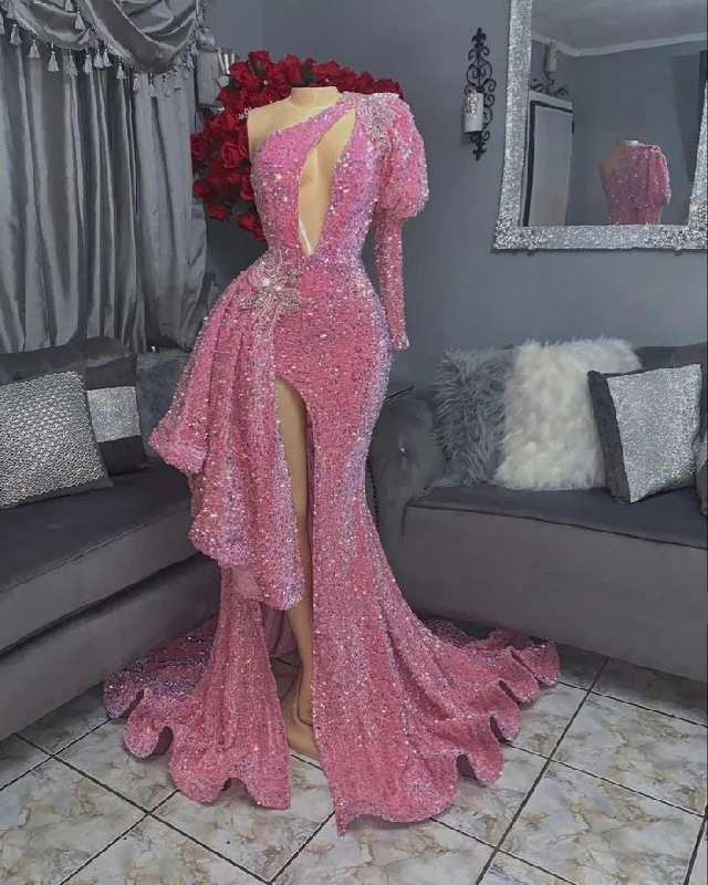 Women's Office Attire Pink/red Gorgeous Shiny Elegant Long Slit Sexy Floor-Length Train Ball Gown Evening Dress Party Dress gh3249