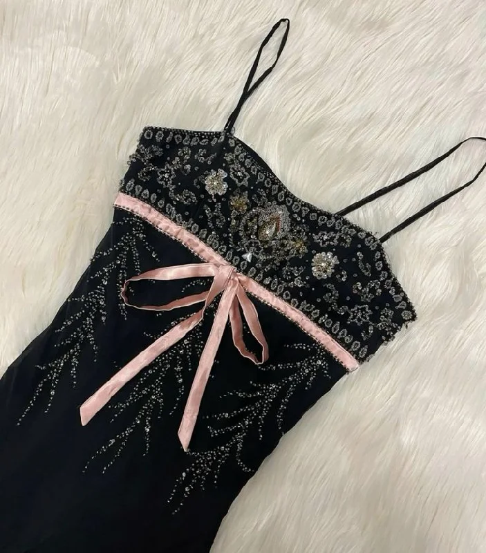 Women's Outerwear Garments Black gorgeous exquisite gem beaded spaghetti straps long tulle elegant ball gown evening dress party dress gh3181