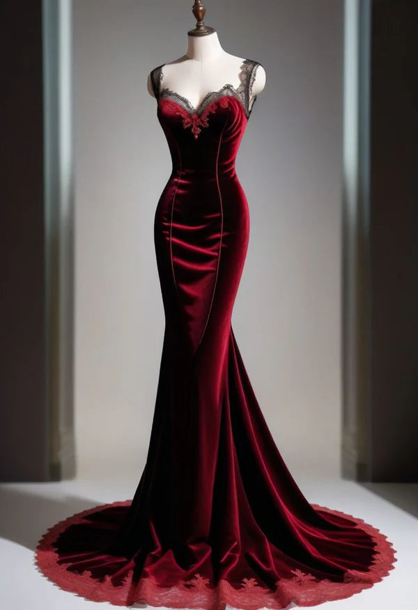 Chic Women's Attire Burgundy Gorgeous Exquisite Beaded Lace Long Velvet Elegant Mermaid Slim Fishtail Ball Gown Evening Gown Party Dress gh3244