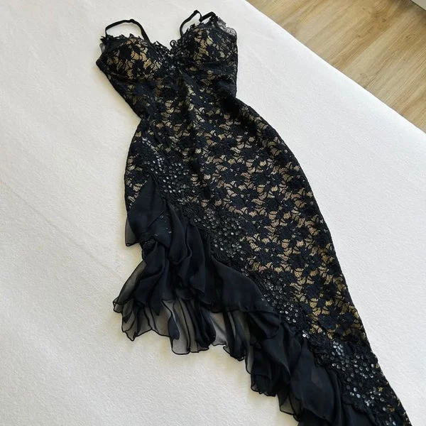 Women's Trendy Casual Outfit Black Fashion Exquisite Lace Long Ruffled Ball Gown Evening Dress Party Dress gh3283