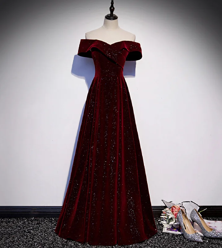 Women's Holiday Outfit Burgundy Shiny Elegant Velvet Long A-Line Ball Gown Evening Dress 8560