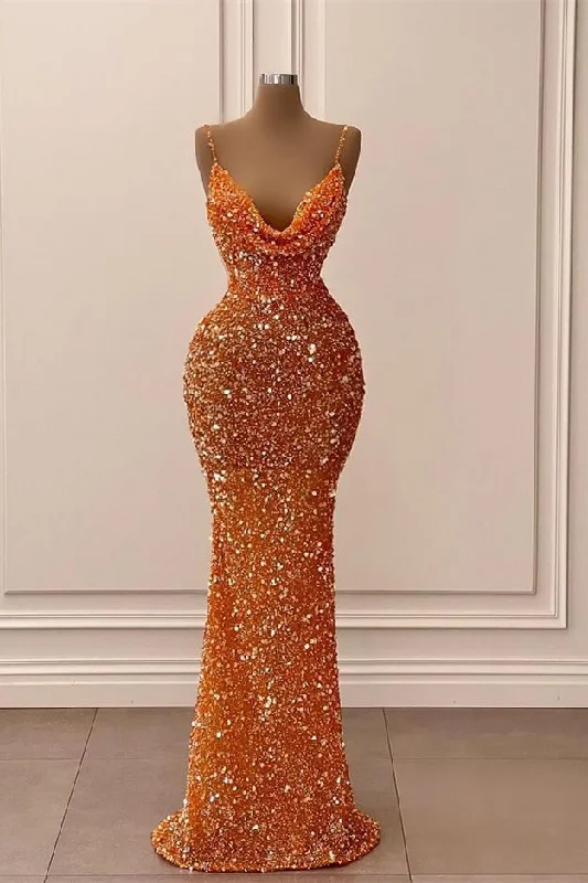 Casual Dresses for Women Orange gorgeous shiny V-neck mermaid slim spaghetti straps long sequined ball gown evening dress party dress gh2070