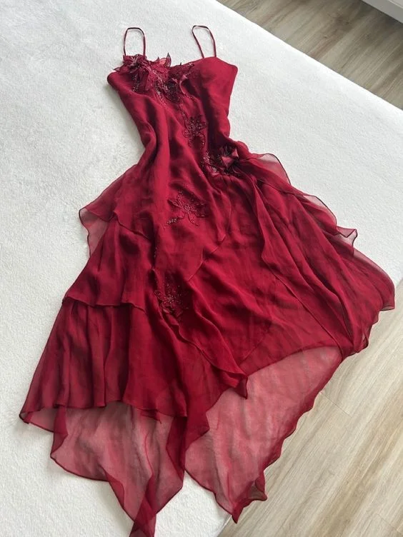 Fashionable Casual Tops Burgundy red applique spaghetti straps elegant and charming A-line long ruffled chiffon ball gown evening dress party dress gh2936