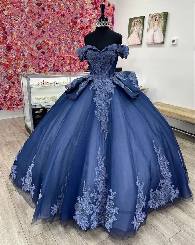 Women's Relaxed Outfit Navy blue gorgeous exquisite lace applique long tulle ball gown evening dress adult ceremony dress gh3346