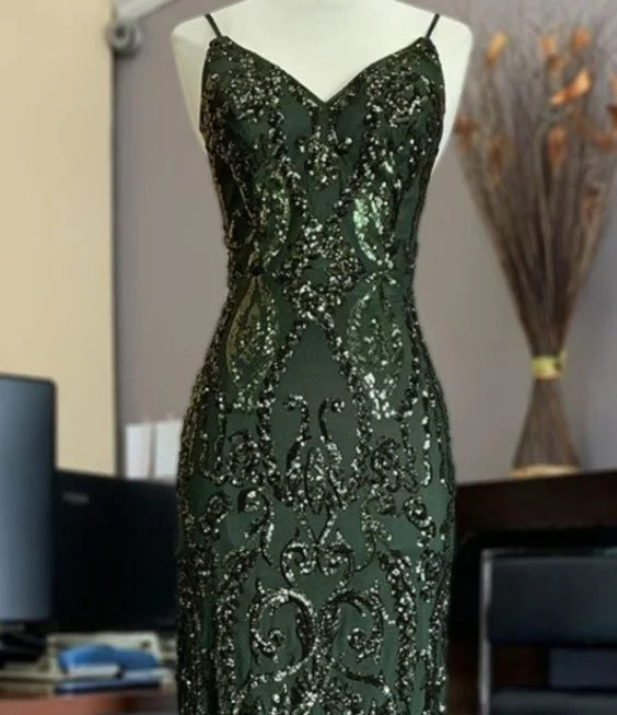 Women's Transitional Attire Green shiny elegant delicate beaded applique spaghetti straps long tulle mermaid slim ball gown evening dress gh3190