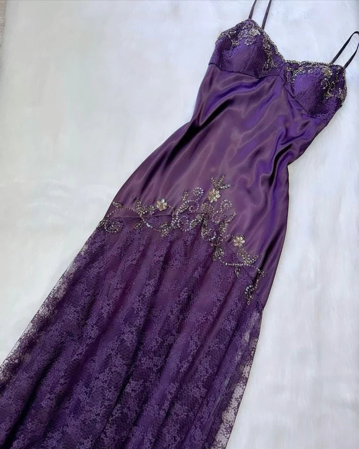 Women's Trendy Garments Purple Gorgeous Exquisite Applique Beading Spaghetti Strap Long Lace Ball Gown Evening Dress gh3174