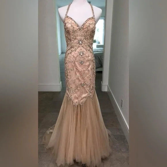 Women's Activewear Attire Champagne Pink/Gold Gorgeous Exquisite Beaded Strapless Elegant Long Fishtail Mermaid Slim Fit Ball Gown Evening Gown Party Dress gh3246