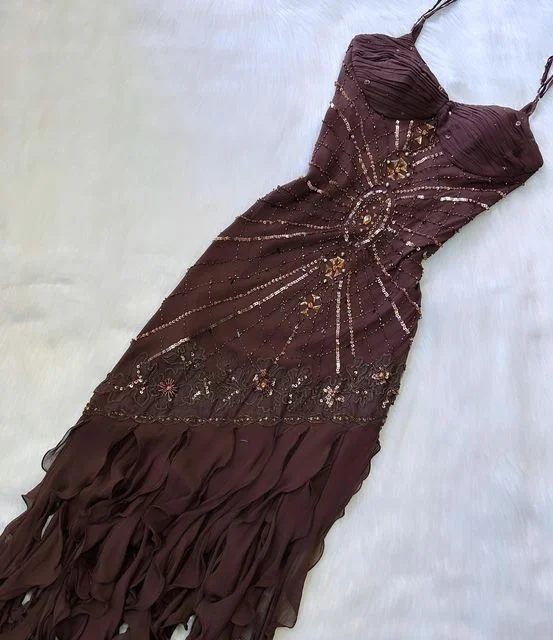 Women's Professional Garments Brown Beautiful A-line Spaghetti Straps Exquisite Beaded Chiffon Long Ball Gown Evening Dress gh3155