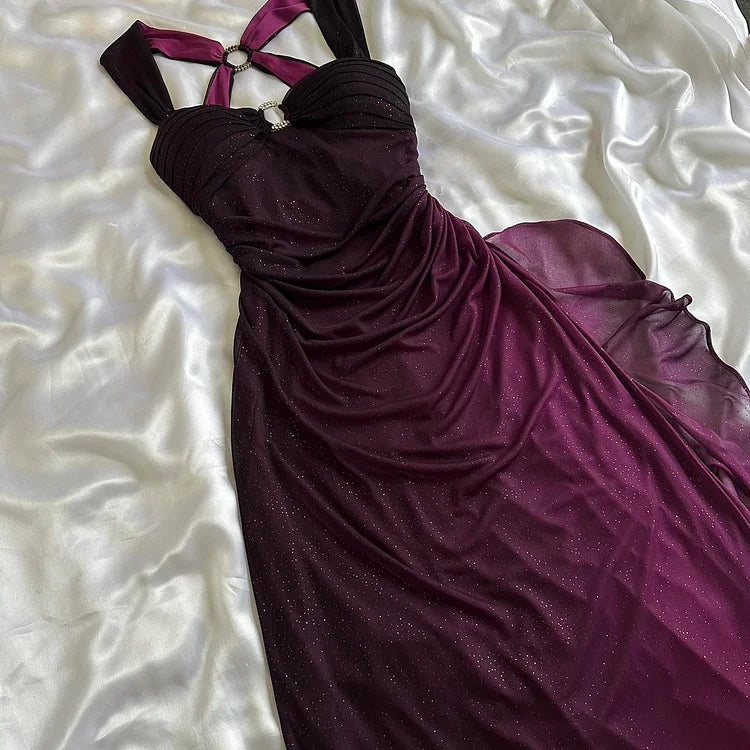 Women's Festive Attire Purple Shiny Elegant Fashion Gradient Strap Long Tulle Ball Gown Evening Dress gh3203