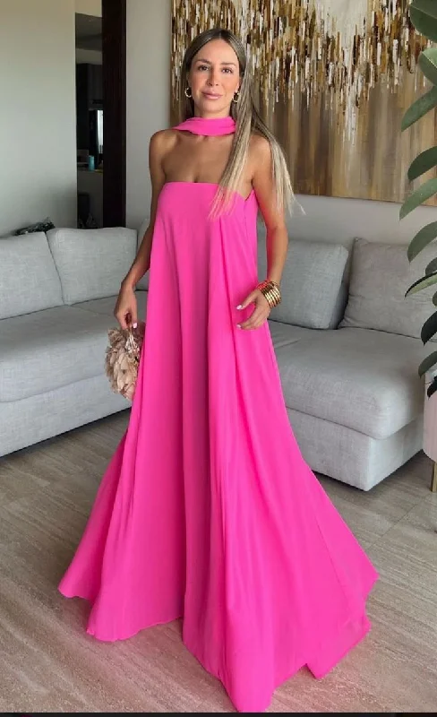 Women's Comfortable Lounge Outfit Pink Fashion Simple A-line Long chiffon Ball Gown Evening Dress Party Dress with Ribbon gh3357