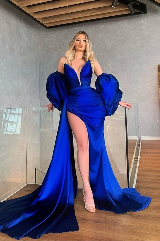 Affordable Women's Outfit Stunning royal blue detachable sleeves long mermaid ball gown prom dress evening gown with slits gh2000