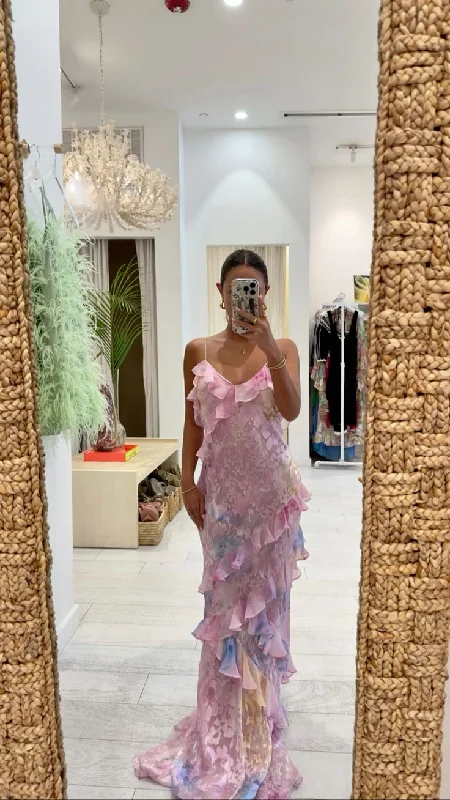 Trendy Casual Outfits Dreamy elegant spaghetti strap pink layered ruffle maxi dress long chiffon evening gown ball gown gh2905