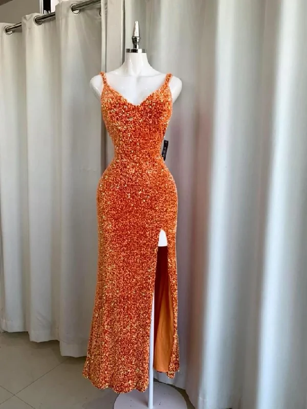 Women's Active Outfit For Fitness Orange shiny fashion long sequin sexy slit prom dress evening gown party dress gh3289