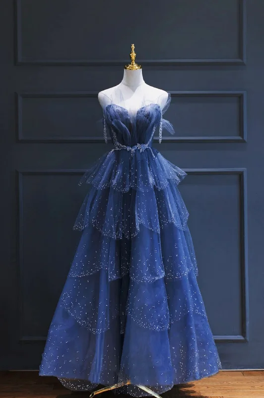 Trendy Women's Dresses Online Blue gorgeous tulle beaded long A-line ball gown evening dress gh2105