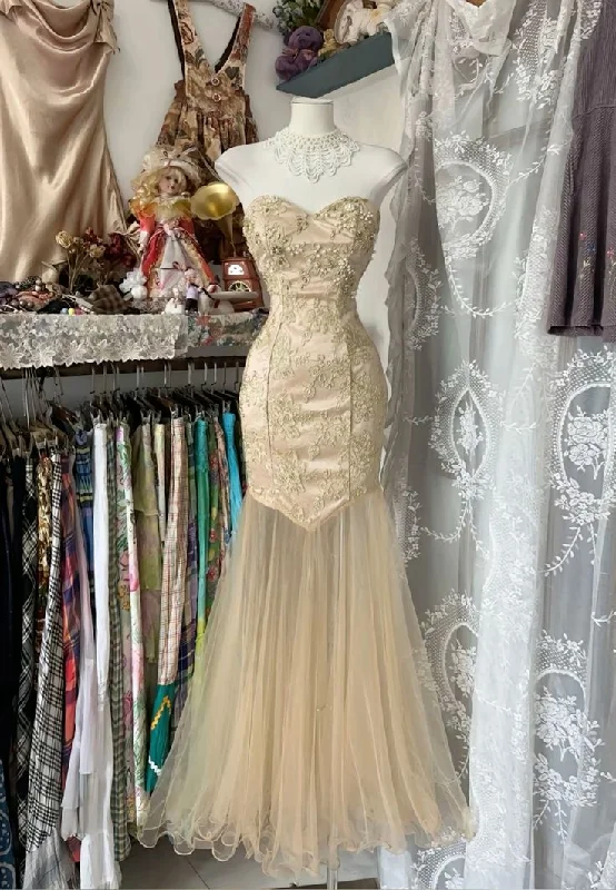 Women's Seasonal Attire Champagne Gold Exquisite Lace Elegant Tube Long Fishtail Mermaid Slim Ball Gown Evening Gown Party Dress gh3245