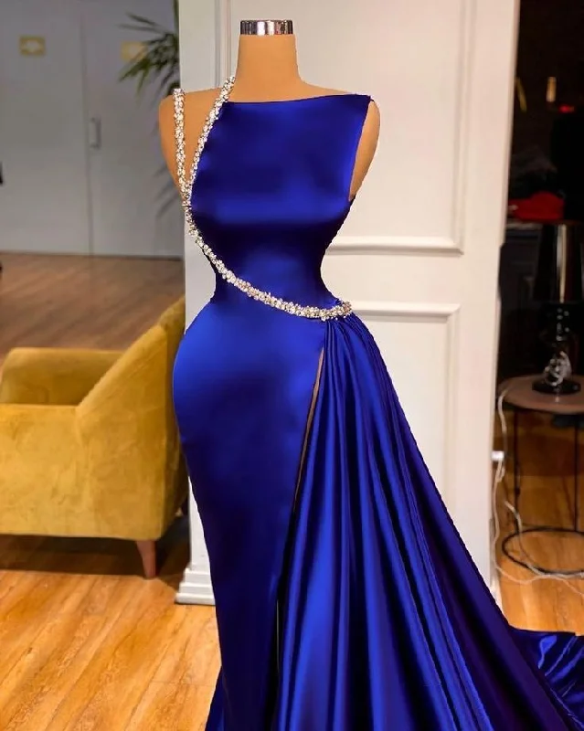 Women's Vintage Attire Blue gorgeous shiny long slit elegant floor-length ball gown evening dress party dress gh3232