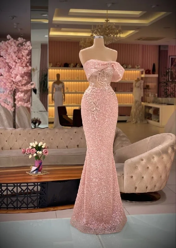 Women's Casual Attire Pink Glitter Exquisite Beading Elegant Long Sequin Mermaid Slim Fit Ball Gown Evening Gown Party Dressgh3254