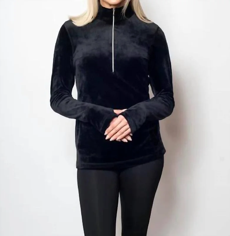 Women's Travel Outfit Set Plush Microfleece Zip Neck Top In Black