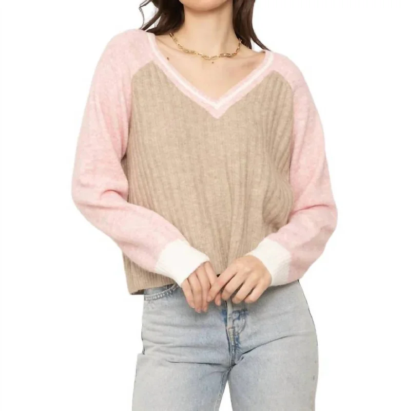 Modern Women's Attire Millie Varsity Sweater In Beige/pink