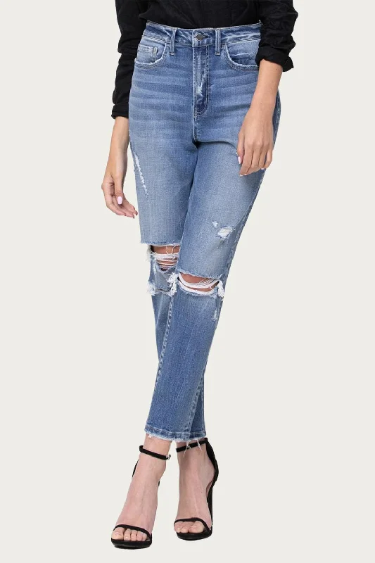 Women's Transitional Outfit Comfort Stretch High-Rise Distressed Mom Jeans In Hollow