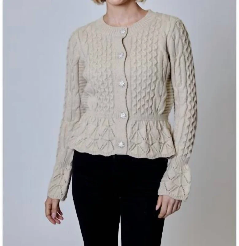 Fashionable Women's Wardrobe Cable-Knit Crewneck Cardigan In Almond