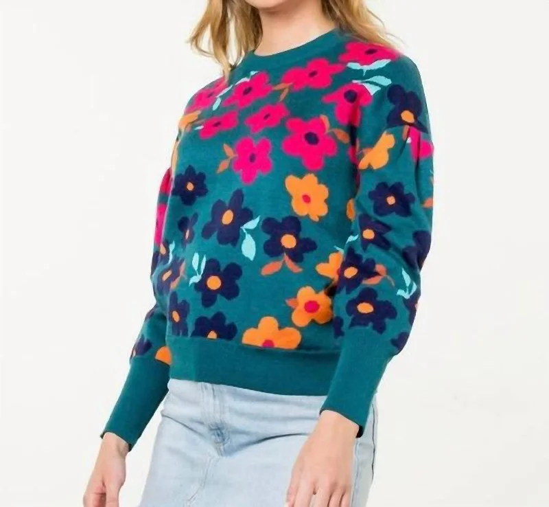 Holiday Discount Meredith Flower Knit Sweater In Turquoise