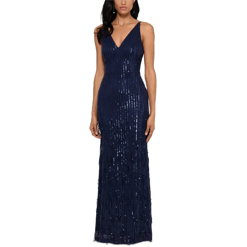 Feminine Dresses for Women in Bold Prints XSCAPE Womens Fringe Gown Dress, Blue, 2