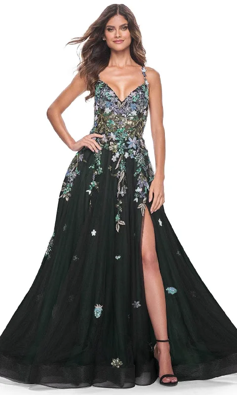 Relaxed Fit Women's Fashion La Femme 32023 - V-Neck Sequin Lace Prom Gown