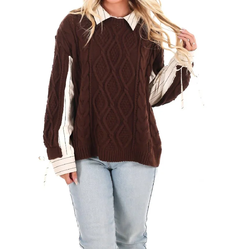 Chic Women's Clothing Pretty Preppy Cable Knit Sweater Top In Brown