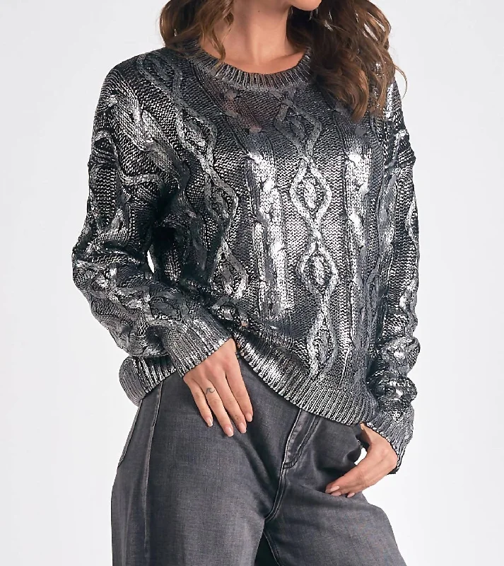 Women's Work Outfit For The Office Crew Neck Sweater In Silver Metallic