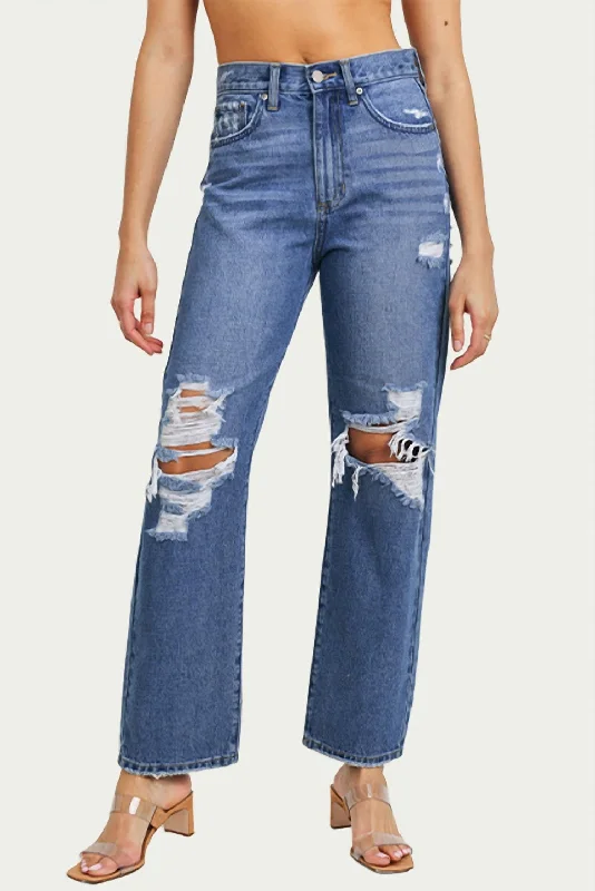 Women's Cozy Outfit For Lounging Distressed High-Rise Straight-Leg Jeans In Medium Denim