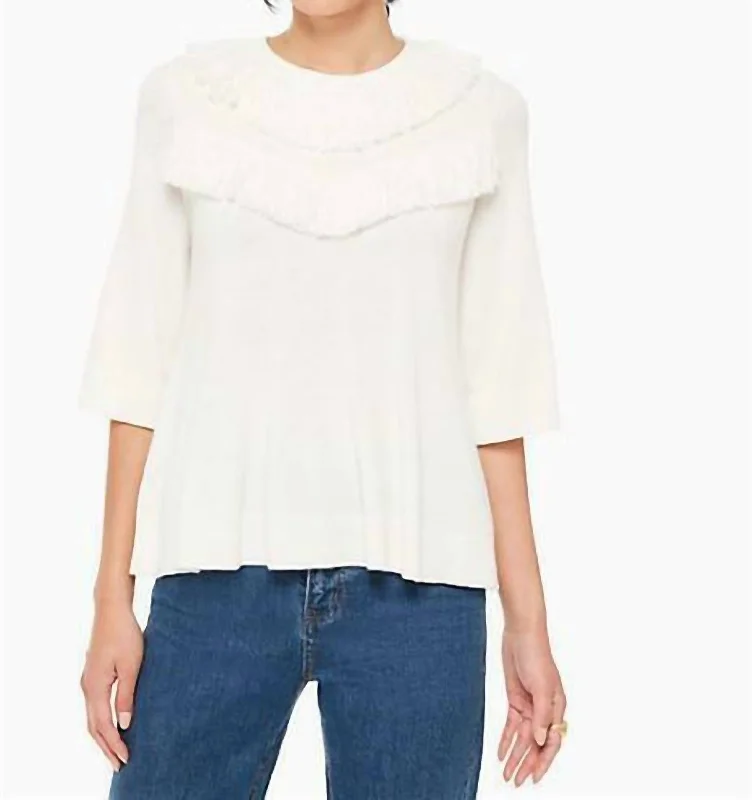 Women's Resort Garments Fringe Sleeve Wool Pullover Sweater In Ivory