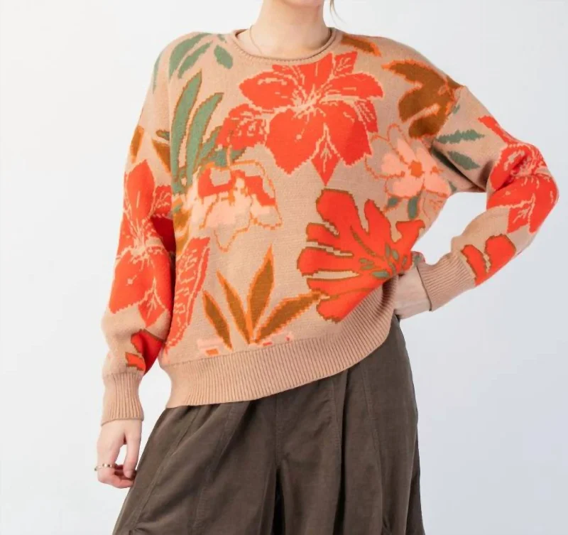 Luxury Women's Fashion Floral Sweater In Khaki