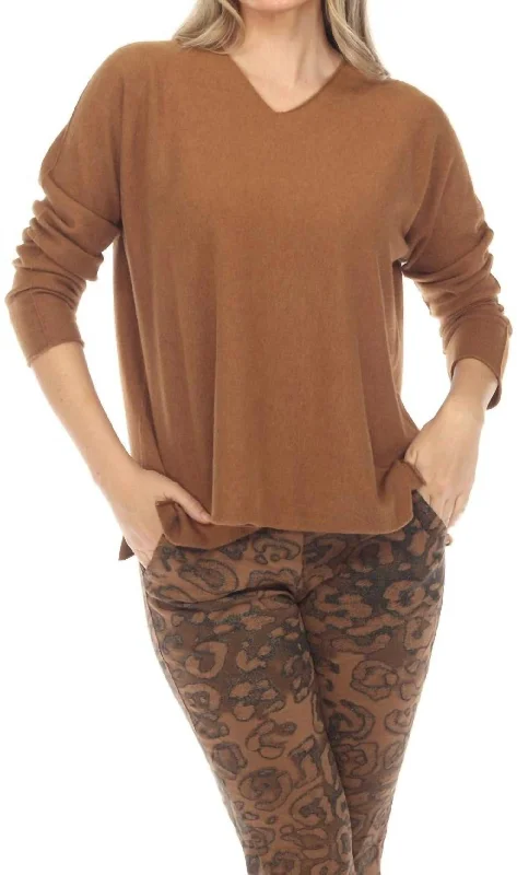 Women's Comfortable Lounge Attire Solid V-Neck Shimmer Sweater In Camel