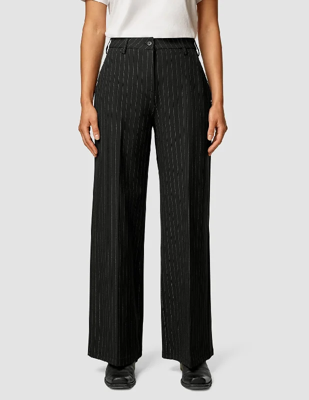 Women's Professional Outfit Essential Pants Wide Black Silver Pinstripe