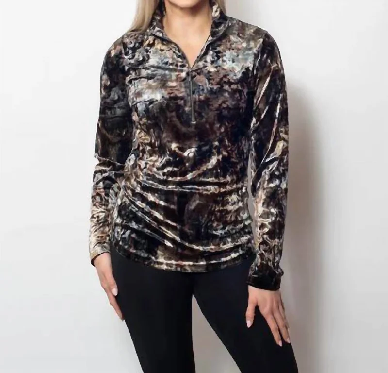 Charming Women's Outfit For Special Occasions Velvet Zip Neck Top In Marble