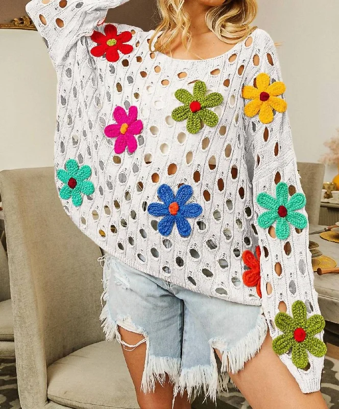 Early Bird Offer Perforated Sweater With Flower Appliques In Off White