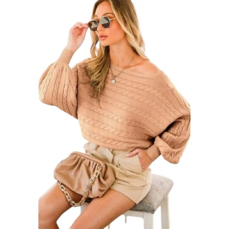 Women's High-Fashion Outfit Boat Neck Cable Knitted Sweater In Mocha