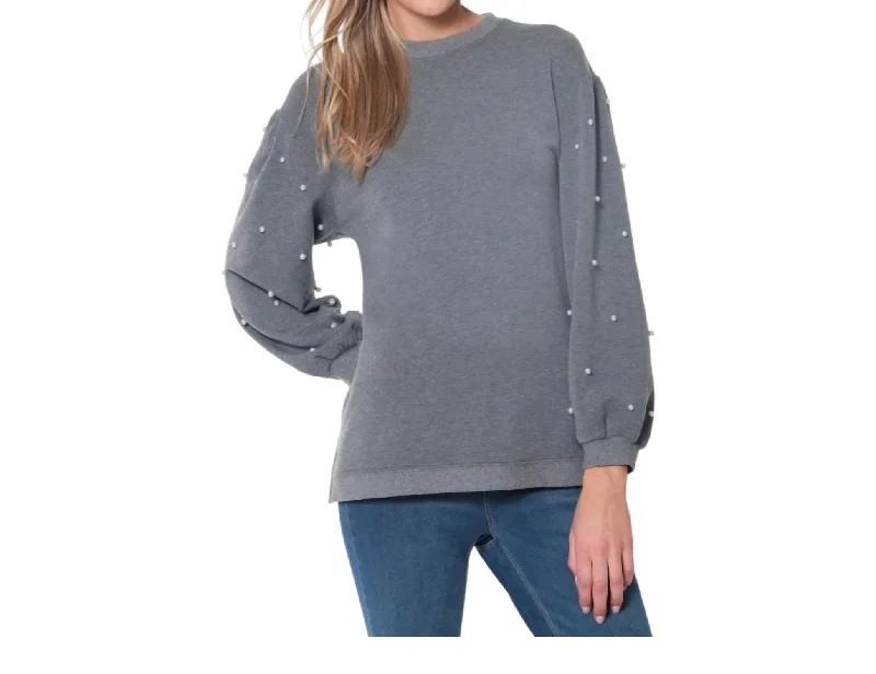 Women's Casual Outfit Pearl Embellishment Sweater In Grey