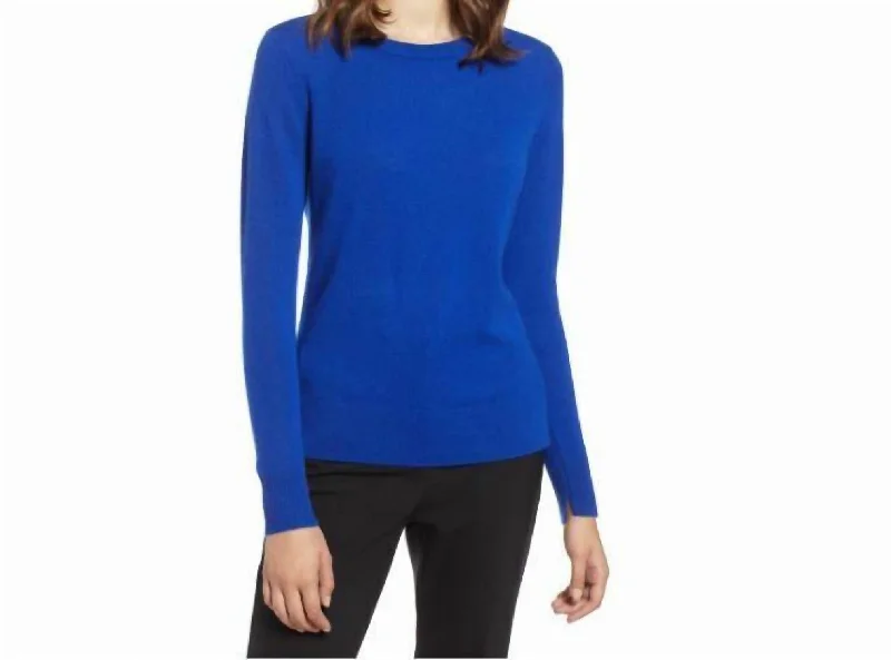 Women's Transitional Outfit Crewneck Cashmere Lightweight Side Slits Mazarene Sweater In Blue