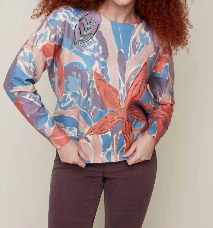 Women's Formal Wear Floral Print Sweater In Rust Combo