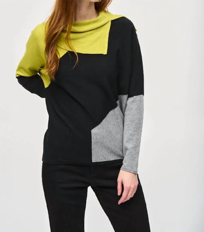 Formal Outfit For Women Color-Block Sweater Top In Wasabi/black/grey/melange