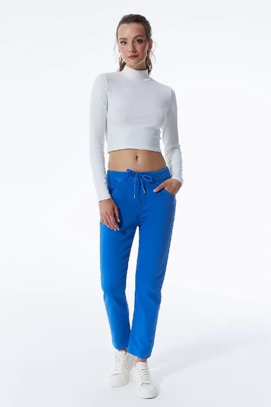 Women's Elegant Evening Outfit Ella Mid Waist Jogger 5 Pocket Ankle Pants Saks Blue